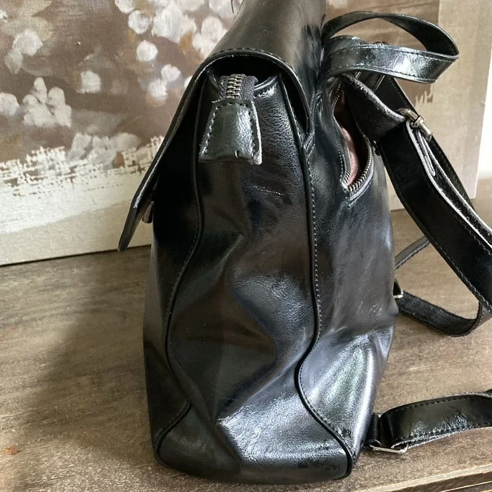 Heshe Black Leather Backpack Flap Closure‎ Classic Daypack Travel